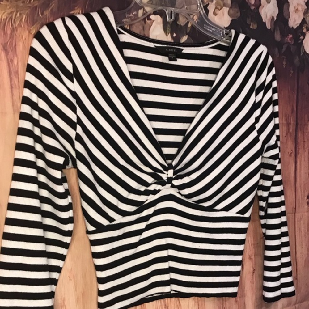 Guess Black & White Striped Twist-Front Long Sleeve Top